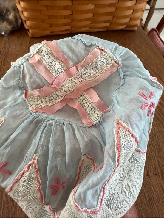Antique Accessories - Antique blue and pink lace-trimmed night bonnet